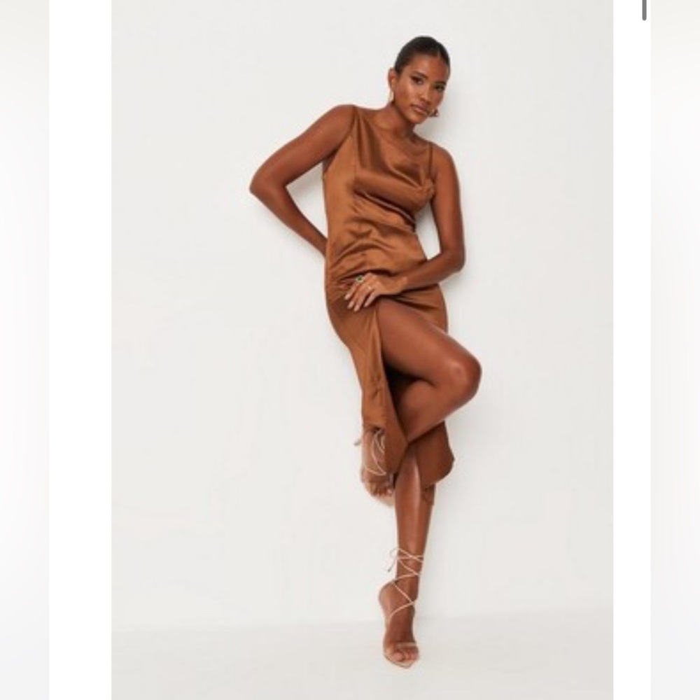 Missguided Chocolate Satin Asymmetric Drape Slip Midi Dress
